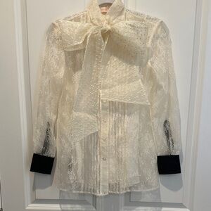 Tory Burch Ivory Bow-Tie And Lace Blouse with Black Cuffs With Ivory Camisole